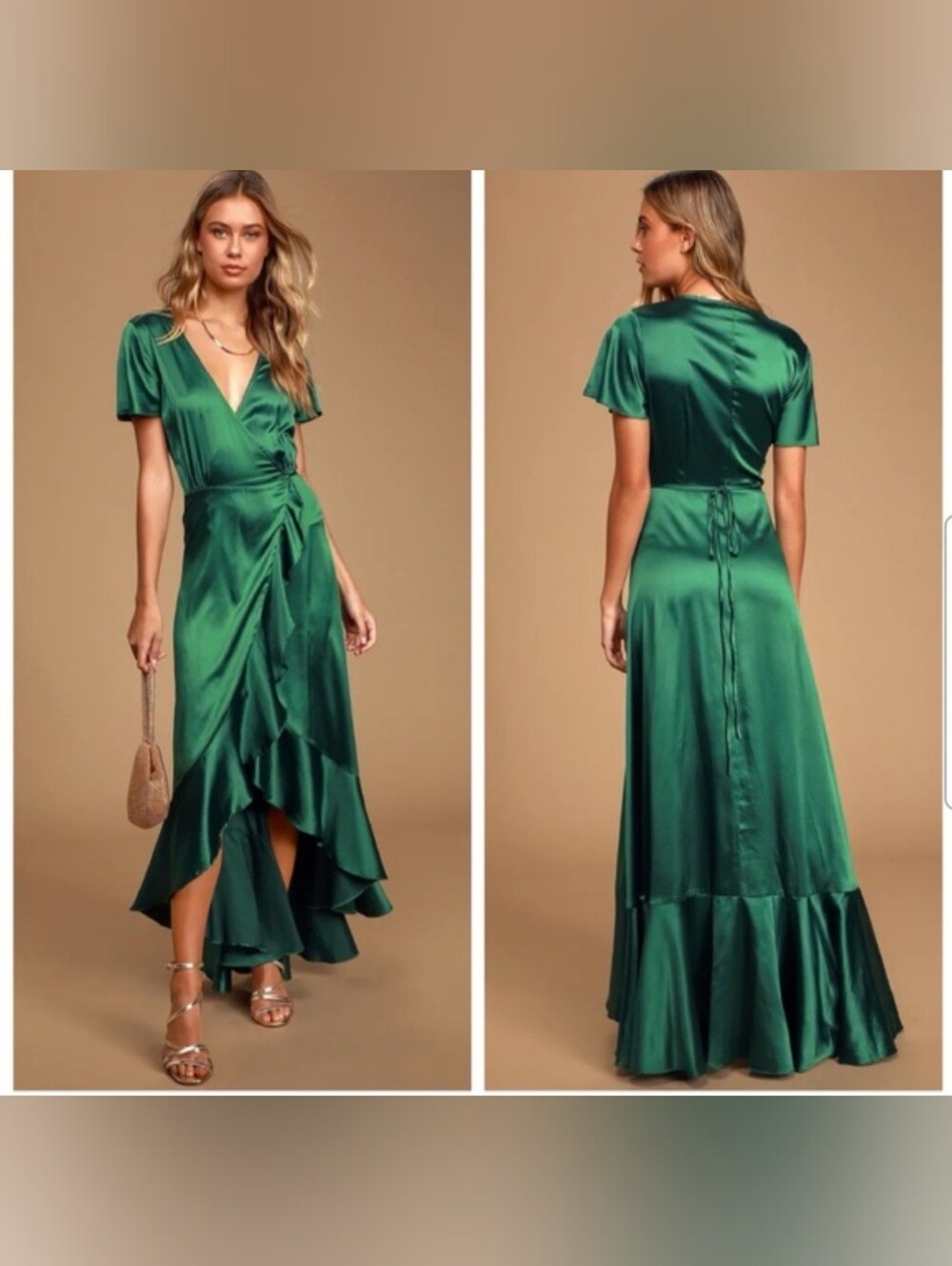 Lulus Love Of Your Life Dark Green Satin Ruffled Wrap Maxi Dress M